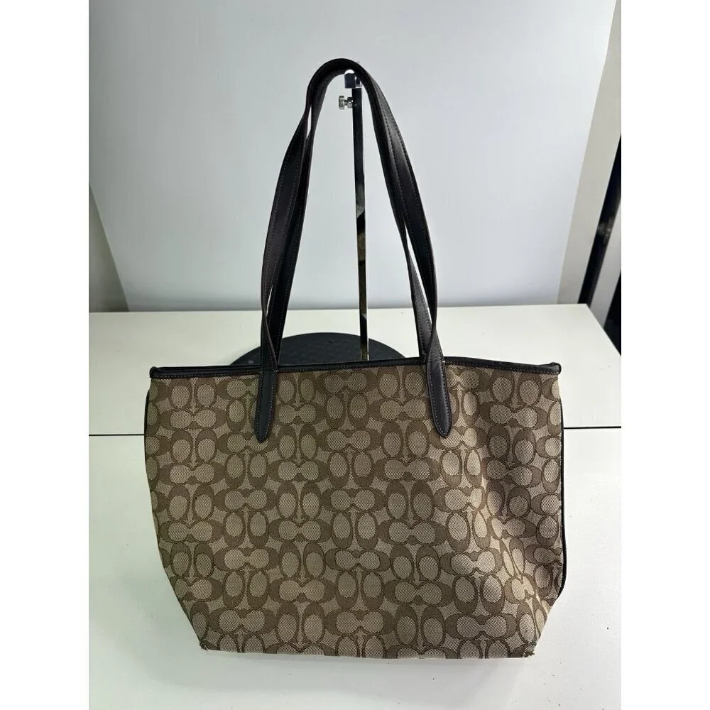 COACH TAYLOR PURSE Khaki & brown Signature C Jacquard Shoulder Tote Bag 37229